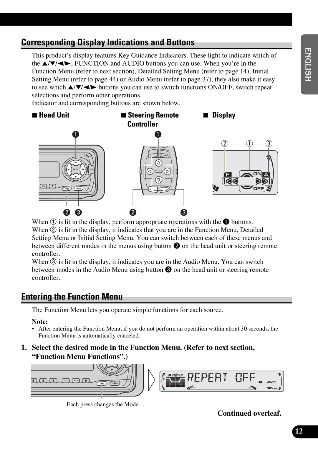 Pioneer KEH-P6010RB Corresponding Display Indications and Buttons, Entering the Function Menu, 7Head Unit, Controller 