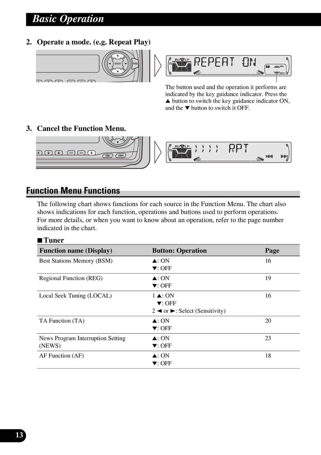 Pioneer KEH-P6010R Function Menu Functions, Operate a mode. e.g. Repeat Play, Cancel the Function Menu, 7Tuner 