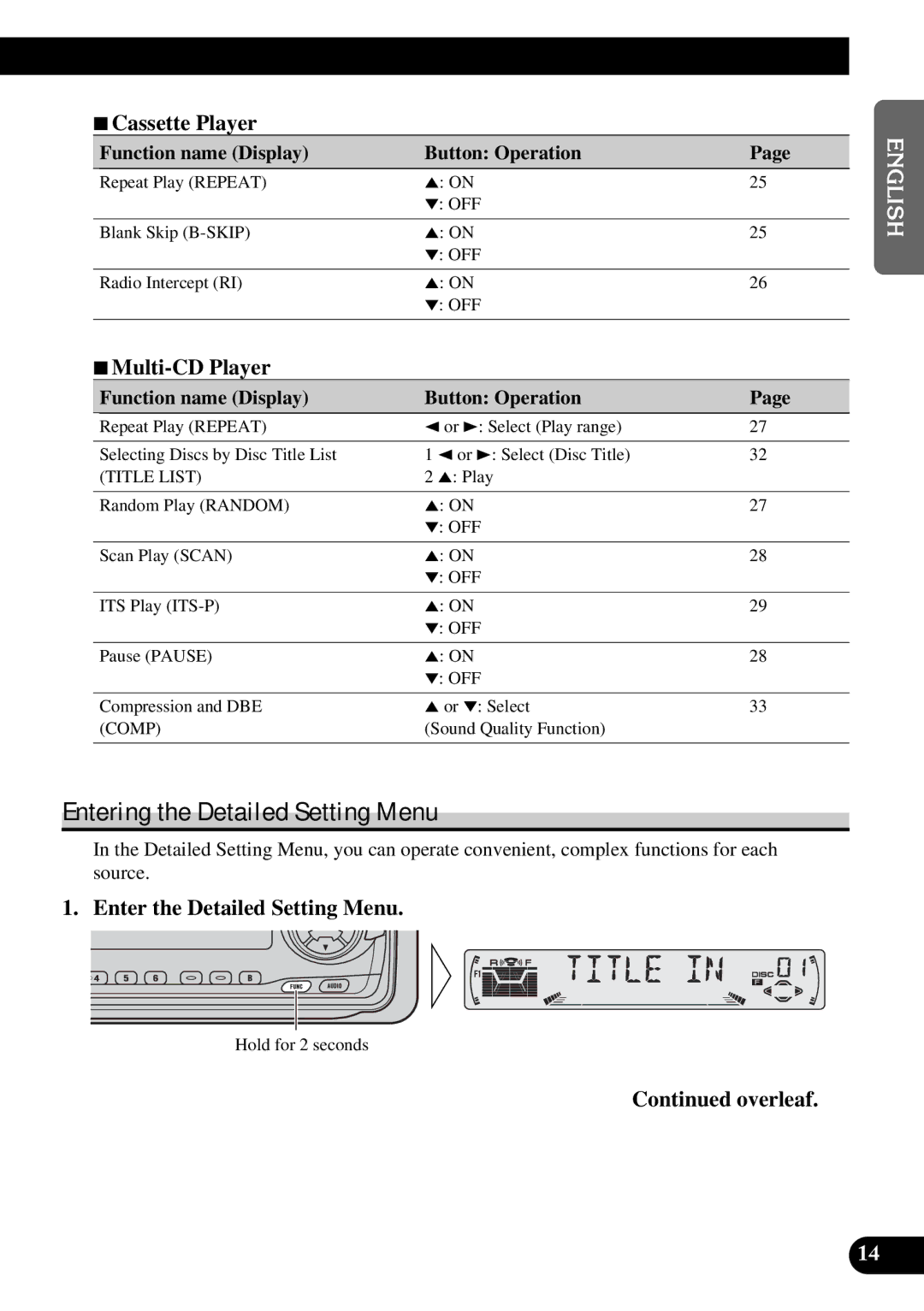 Pioneer KEH-P6010RB operation manual Entering the Detailed Setting Menu, 7Cassette Player, 7Multi-CD Player 