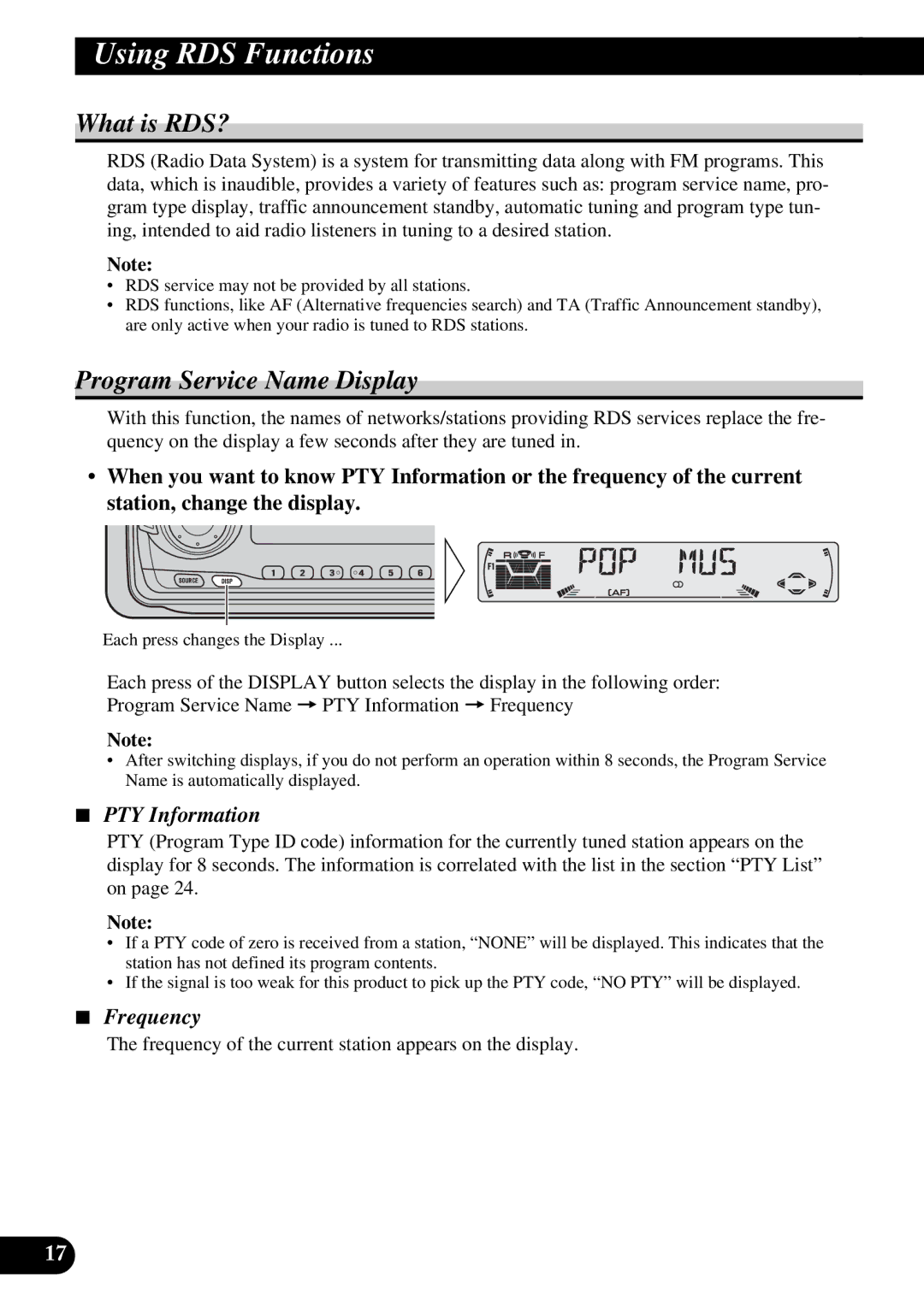 Pioneer KEH-P6010R Using RDS Functions, What is RDS?, Program Service Name Display, PTY Information, Frequency 