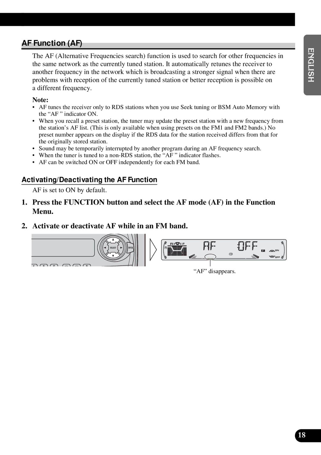 Pioneer KEH-P6010RB operation manual AF Function AF, Activating/Deactivating the AF Function 