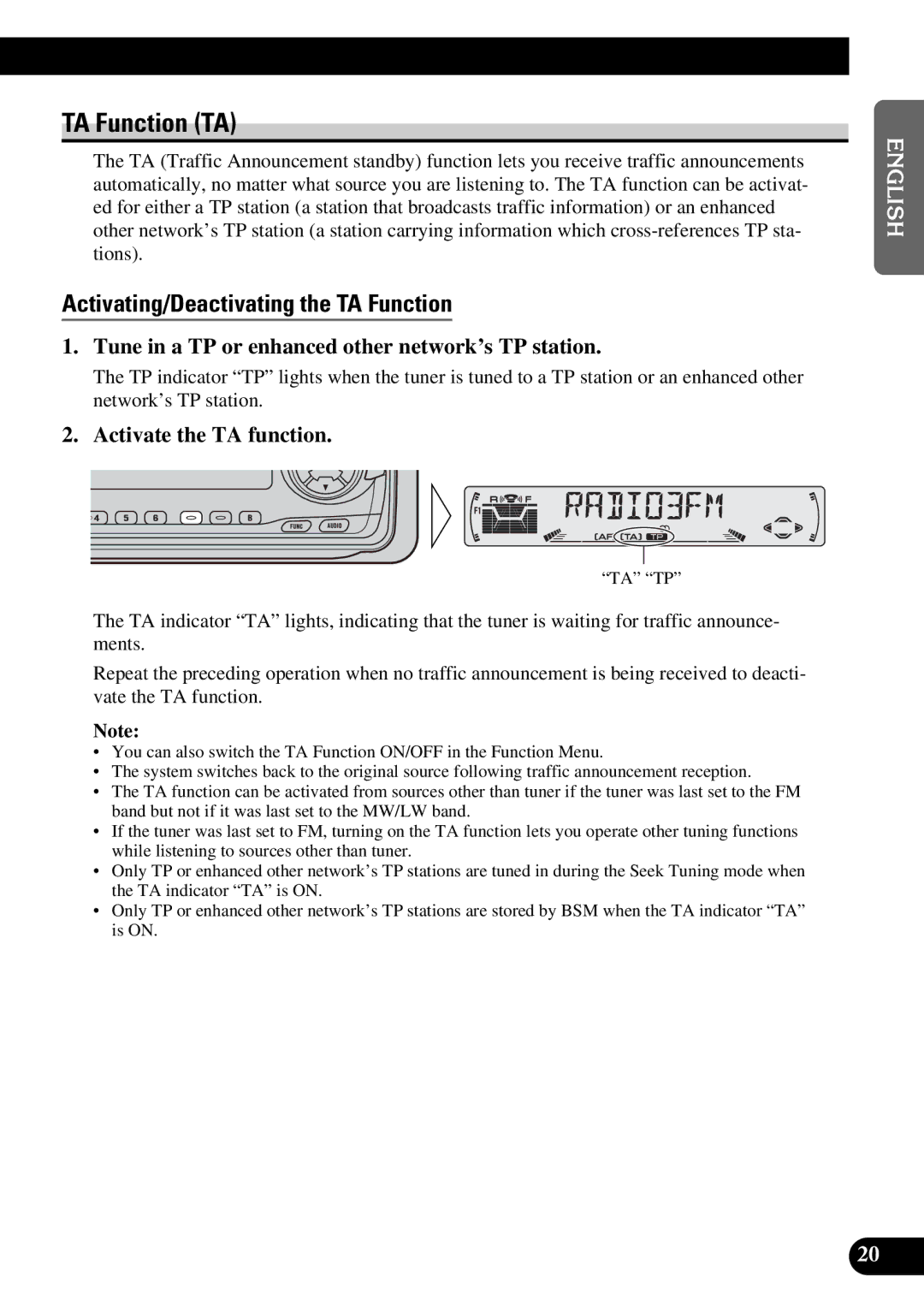 Pioneer KEH-P6010RB operation manual TA Function TA, Activating/Deactivating the TA Function, Activate the TA function 