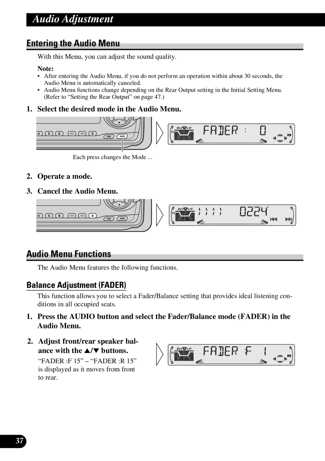 Pioneer KEH-P6010RB operation manual Entering the Audio Menu, Audio Menu Functions, Balance Adjustment Fader 