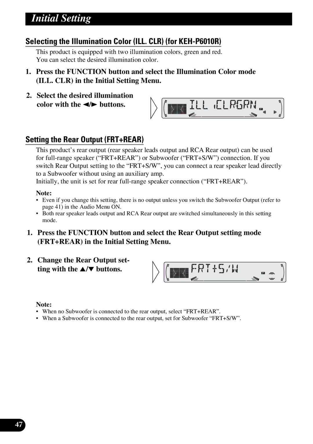 Pioneer KEH-P6010RB Selecting the Illumination Color ILL. CLR for KEH-P6010R, Setting the Rear Output FRT+REAR 