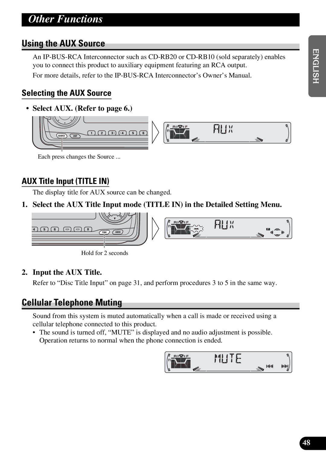 Pioneer KEH-P6010RB Other Functions, Using the AUX Source, Cellular Telephone Muting, Selecting the AUX Source 