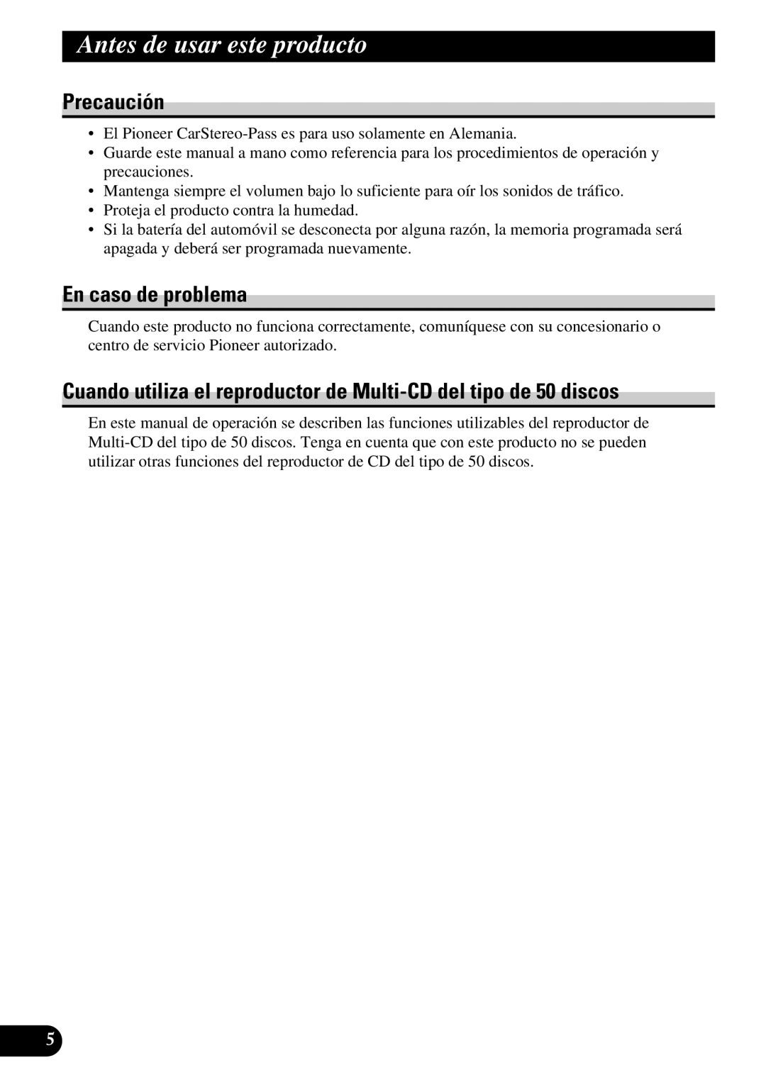 Pioneer KEH-P6010RB operation manual Precaución, En caso de problema 