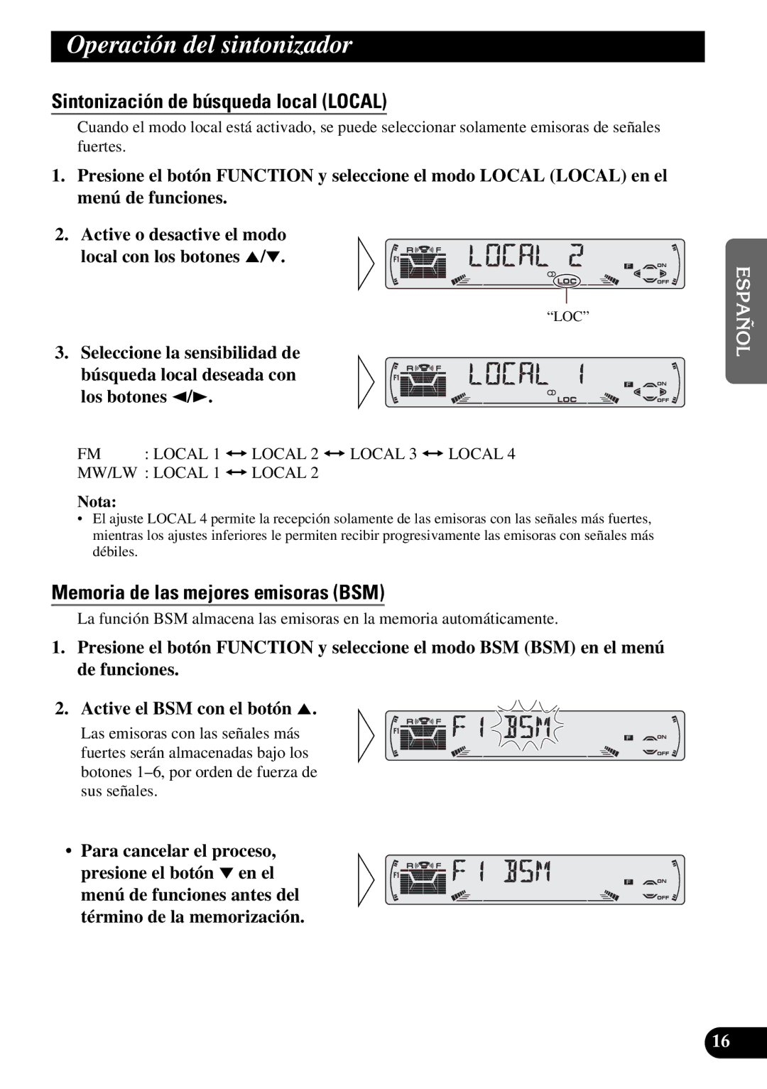 Pioneer KEH-P6010RB Operación del sintonizador, Sintonización de búsqueda local Local, Memoria de las mejores emisoras BSM 