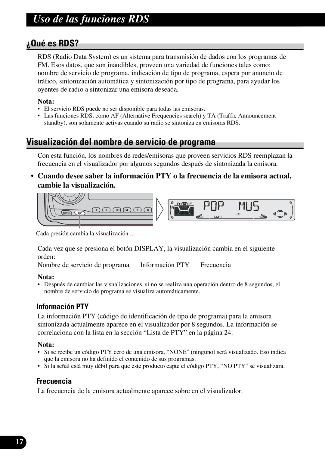 Pioneer KEH-P6010R Uso de las funciones RDS, ¿Qué es RDS?, Visualización del nombre de servicio de programa, Frecuencia 