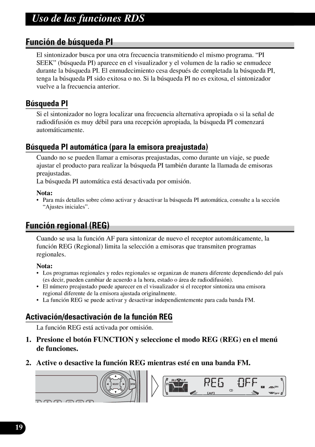 Pioneer KEH-P6010R Función de búsqueda PI, Función regional REG, Búsqueda PI, Activación/desactivación de la función REG 