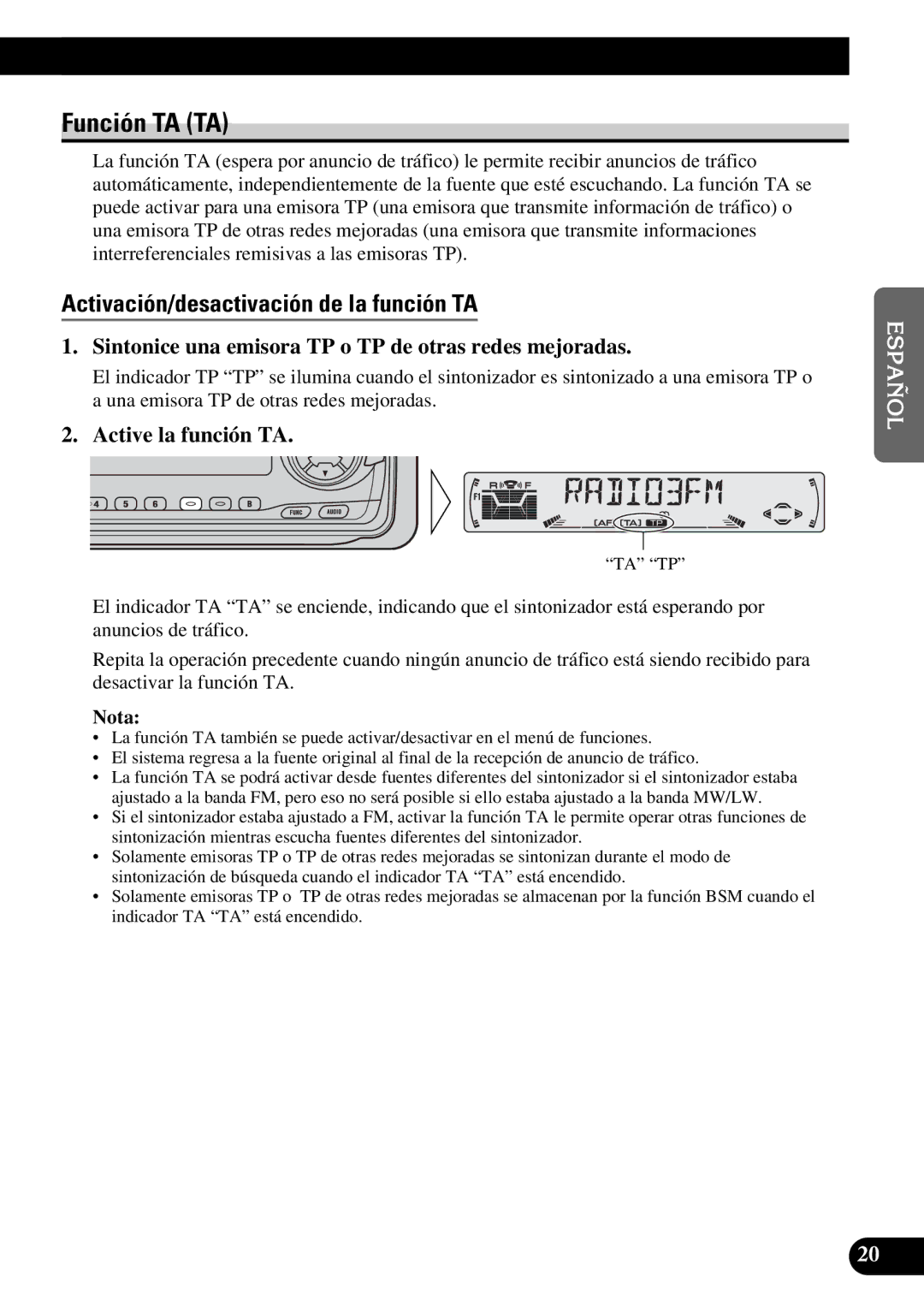 Pioneer KEH-P6010RB operation manual Función TA TA, Activación/desactivación de la función TA, Active la función TA 