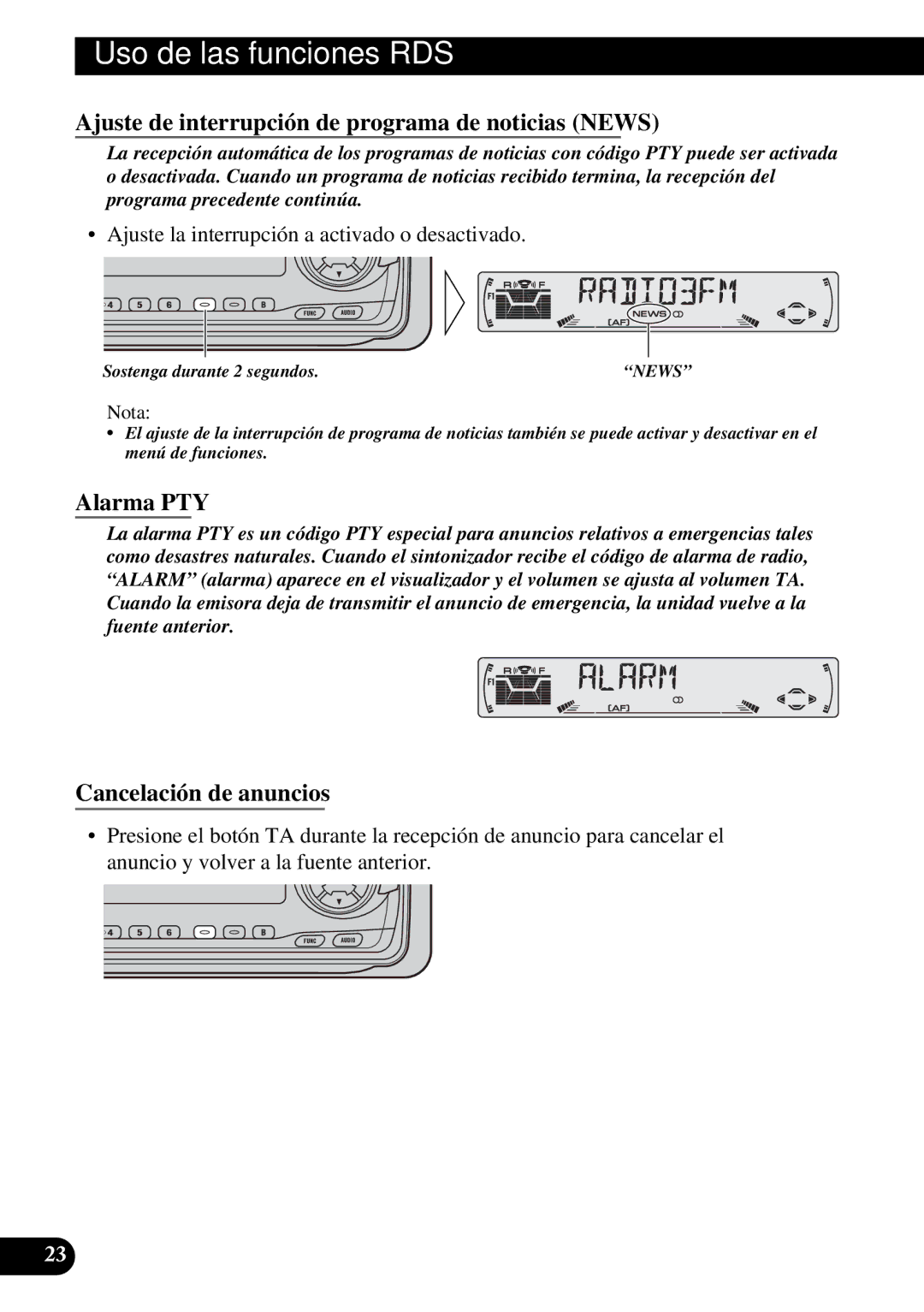 Pioneer KEH-P6010RB Ajuste de interrupción de programa de noticias News, Alarma PTY, Cancelación de anuncios 