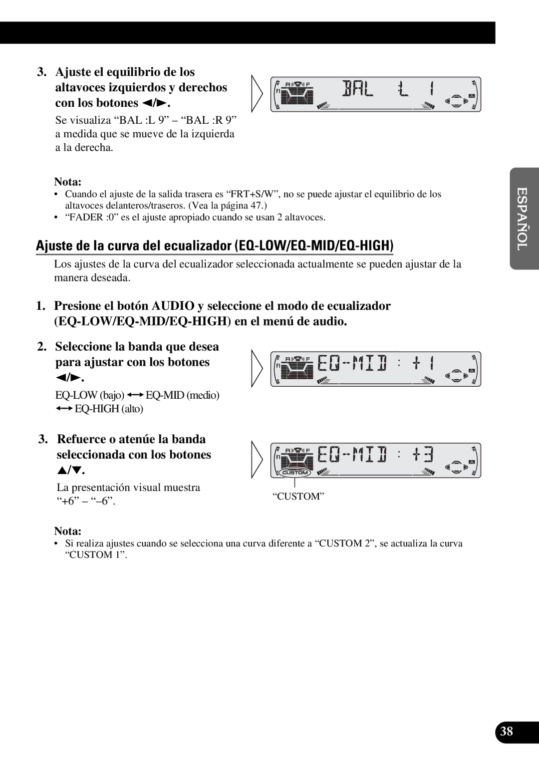 Pioneer KEH-P6010RB operation manual Ajuste de la curva del ecualizador EQ-LOW/EQ-MID/EQ-HIGH 