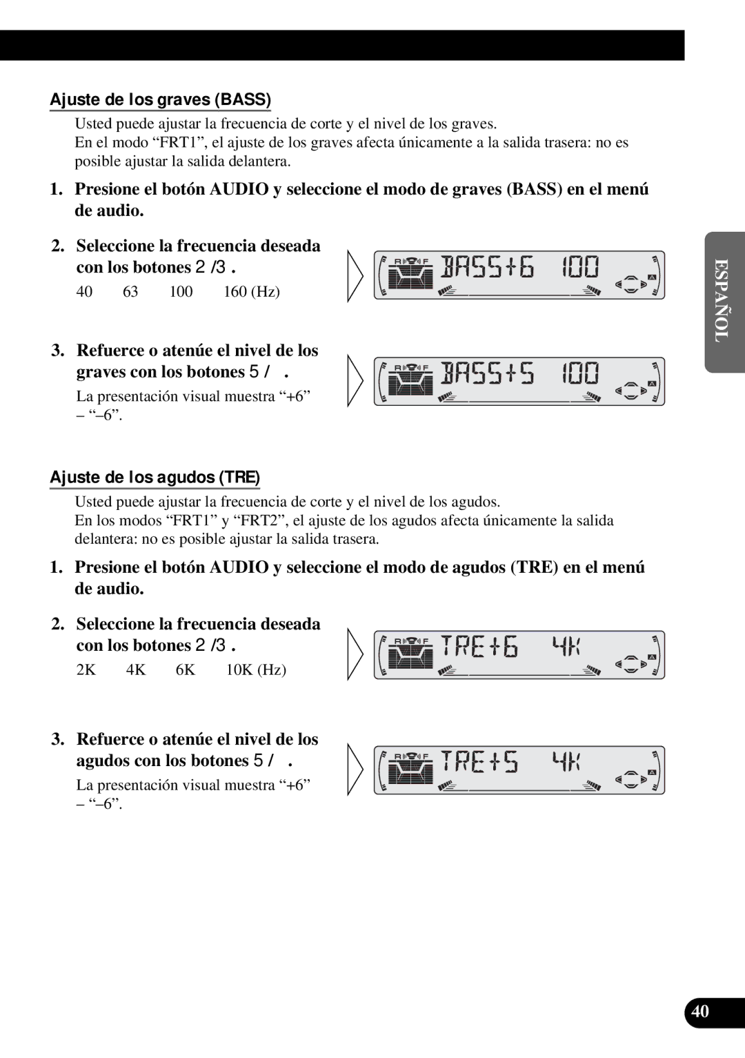 Pioneer KEH-P6010RB operation manual Ajuste de los graves Bass, Ajuste de los agudos TRE 