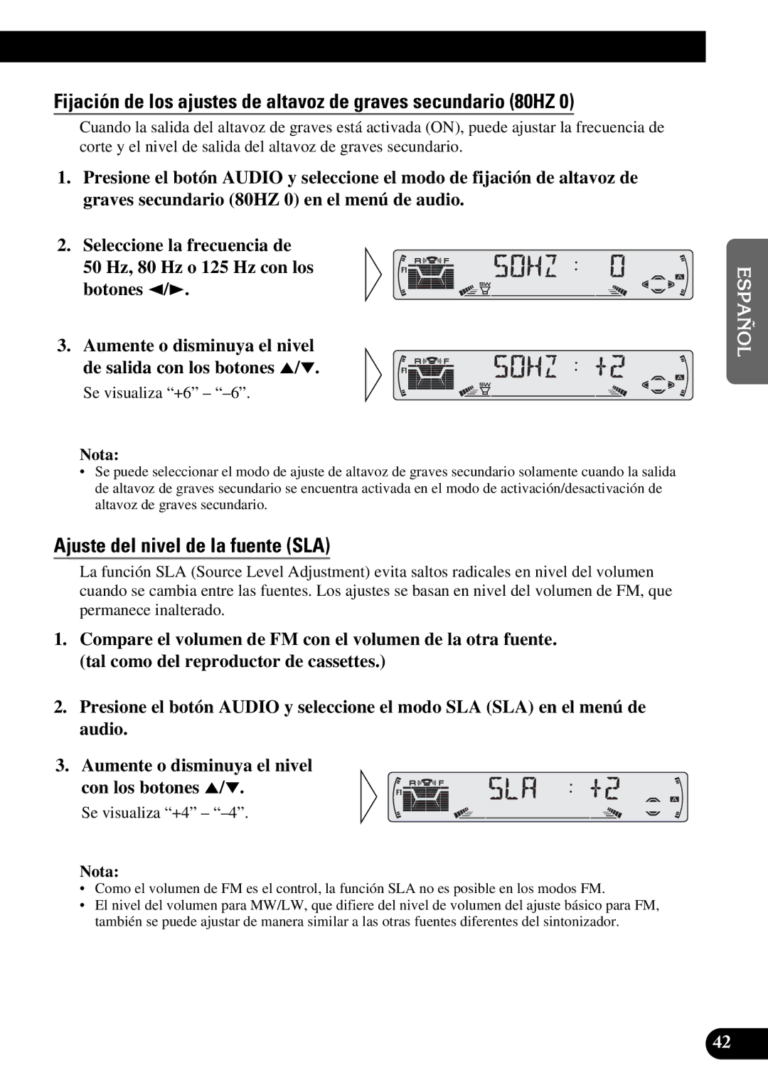 Pioneer KEH-P6010RB Fijación de los ajustes de altavoz de graves secundario 80HZ, Ajuste del nivel de la fuente SLA 