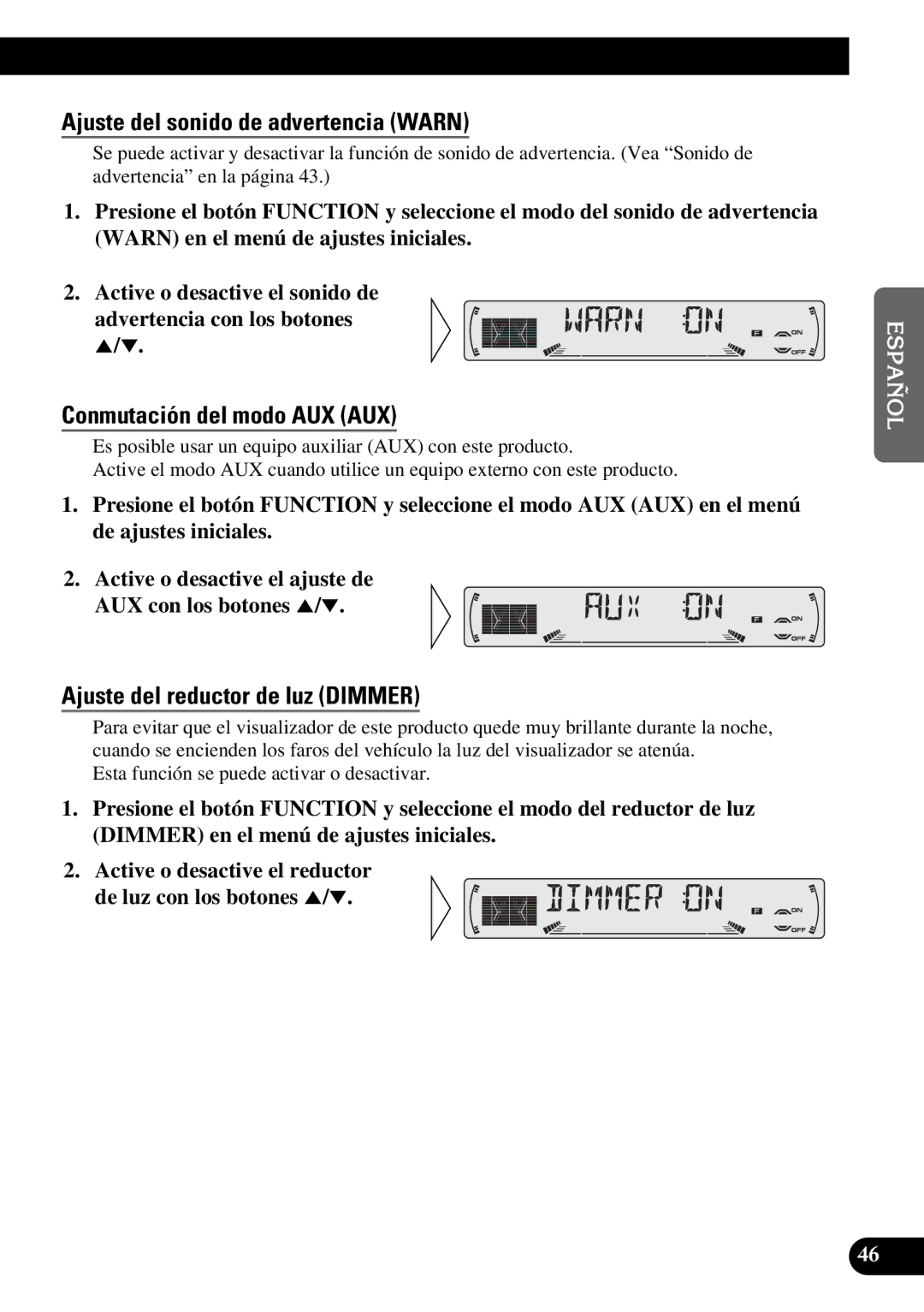 Pioneer KEH-P6010RB Ajuste del sonido de advertencia Warn, Conmutación del modo AUX AUX, Ajuste del reductor de luz Dimmer 