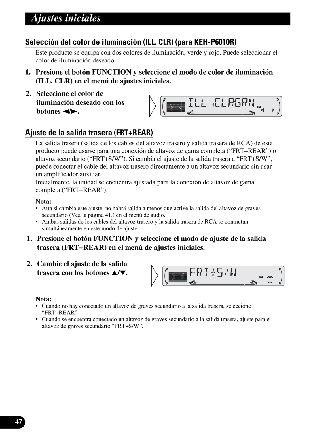 Pioneer KEH-P6010RB Selección del color de iluminación ILL. CLR para KEH-P6010R, Ajuste de la salida trasera FRT+REAR 