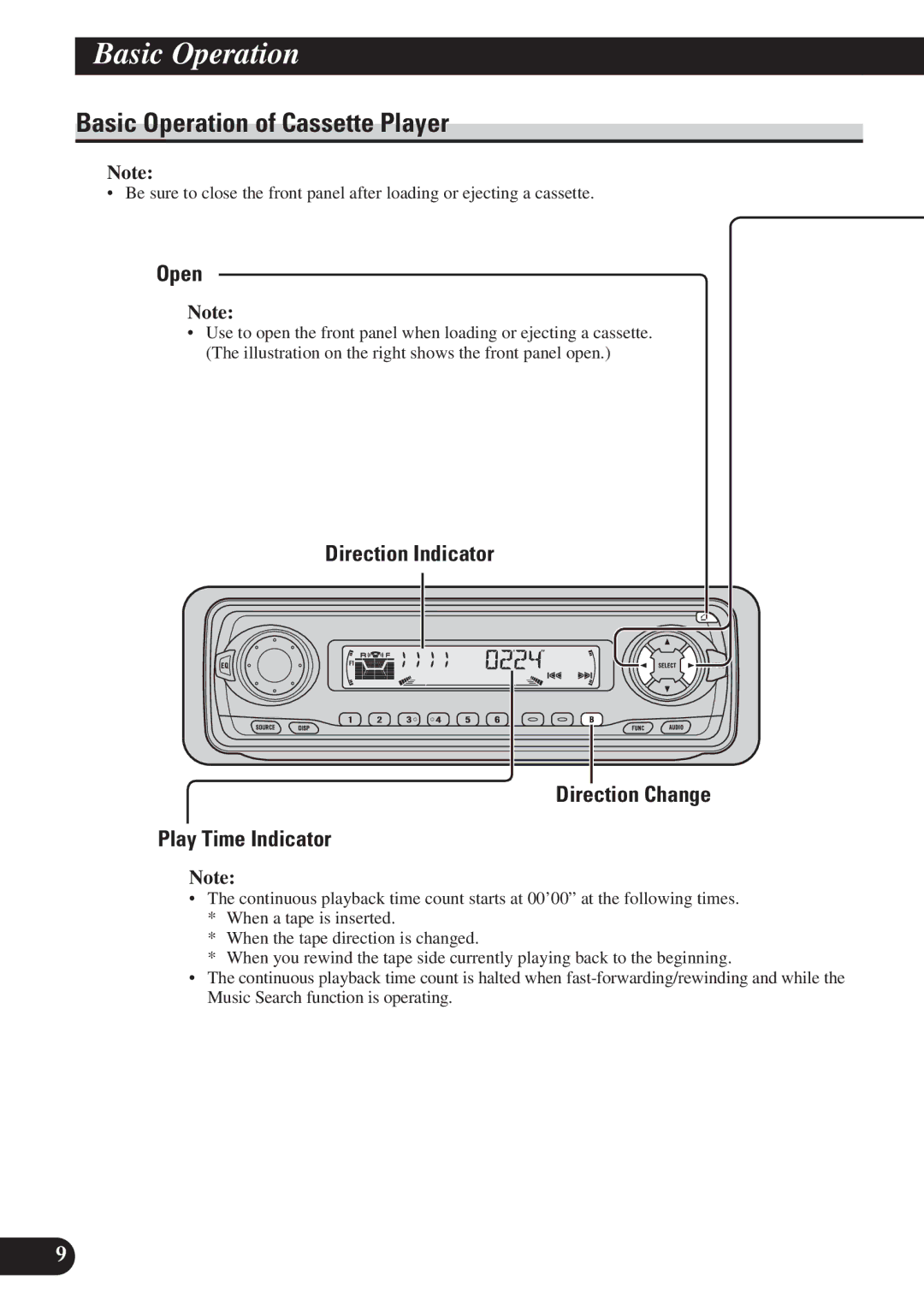 Pioneer KEH-P6011R Basic Operation of Cassette Player, Open, Direction Indicator Direction Change Play Time Indicator 