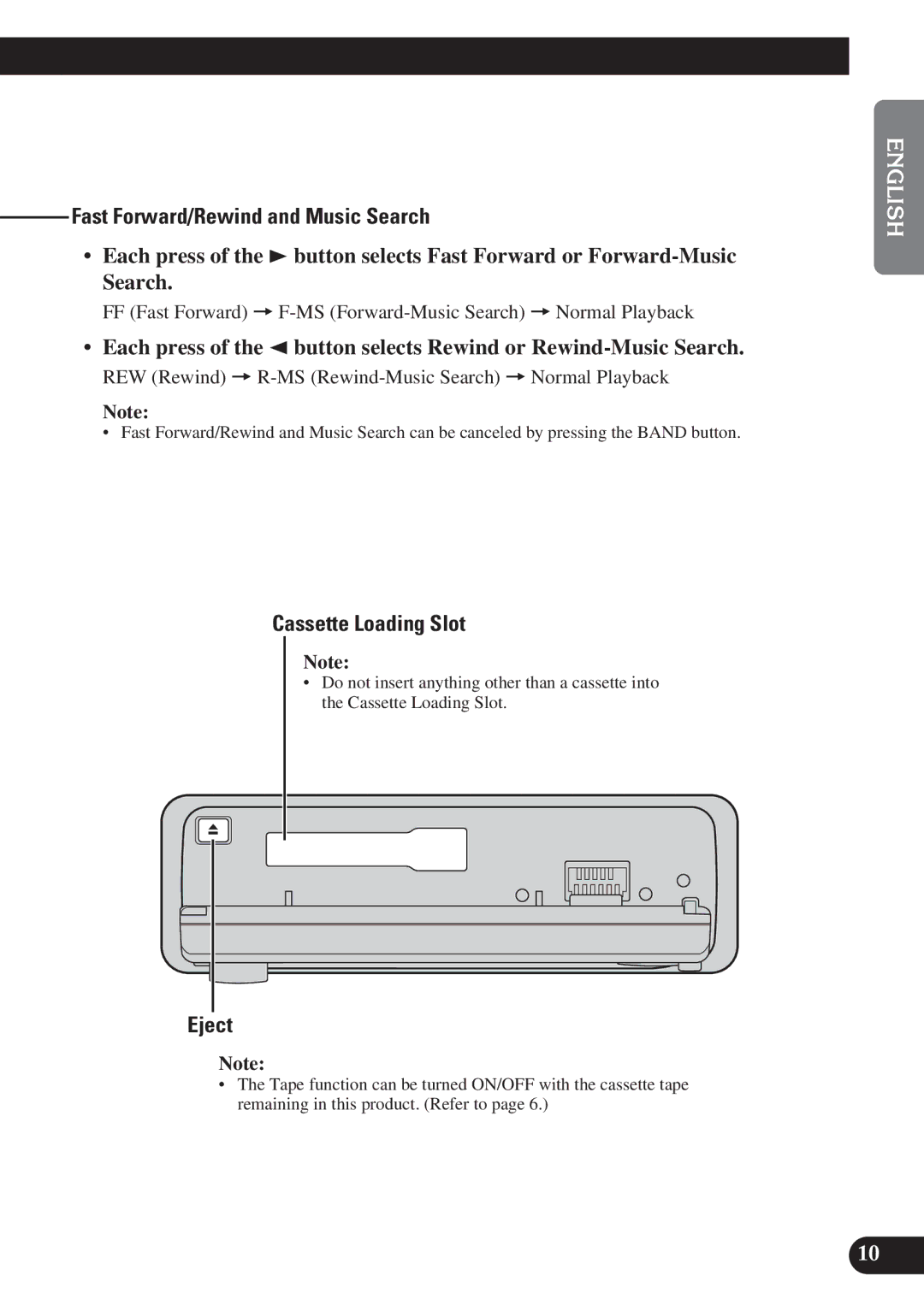 Pioneer KEH-P6011R operation manual Fast Forward/Rewind and Music Search, Cassette Loading Slot, Eject 