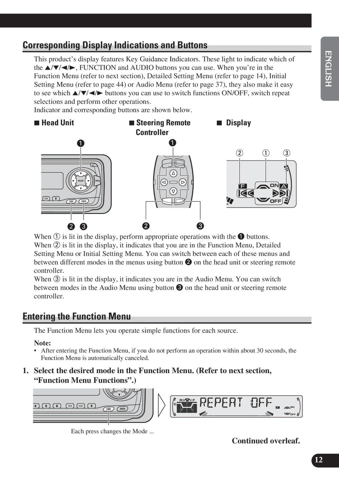 Pioneer KEH-P6011R operation manual Corresponding Display Indications and Buttons, Entering the Function Menu 