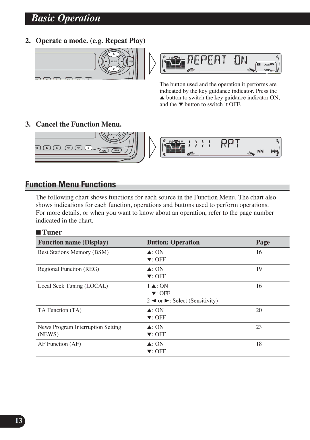 Pioneer KEH-P6011R Function Menu Functions, Operate a mode. e.g. Repeat Play, Cancel the Function Menu, 7Tuner 