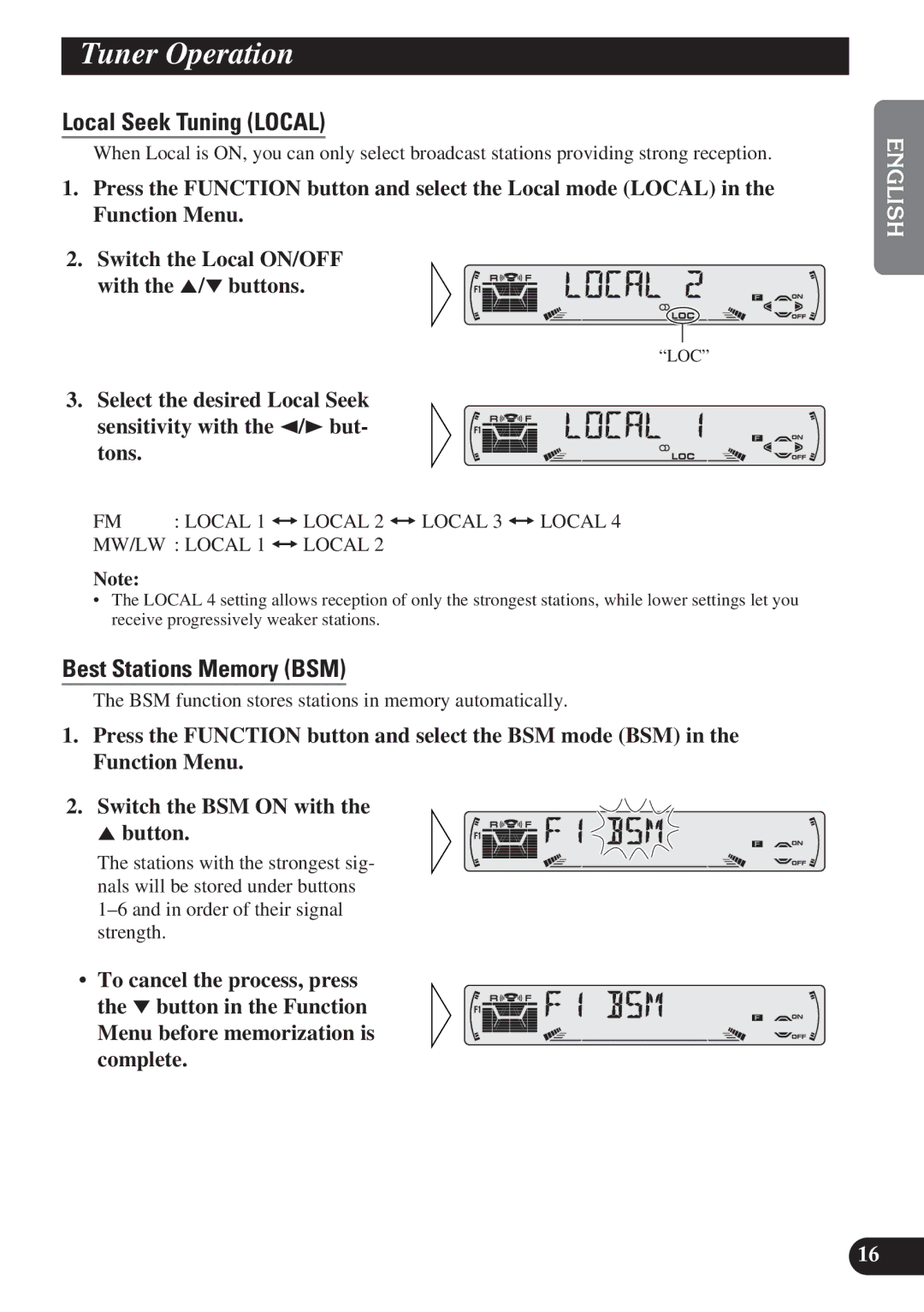 Pioneer KEH-P6011R operation manual Tuner Operation, Local Seek Tuning Local, Best Stations Memory BSM 