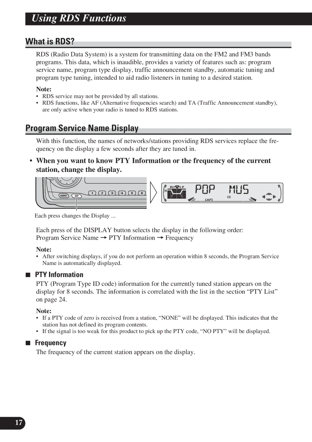 Pioneer KEH-P6011R Using RDS Functions, What is RDS?, Program Service Name Display, PTY Information, Frequency 