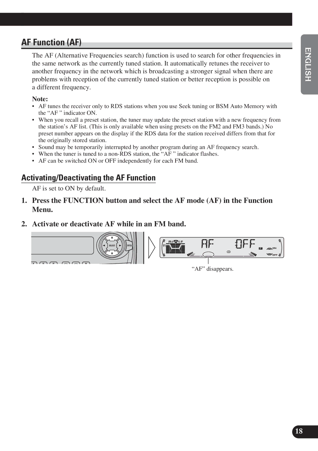 Pioneer KEH-P6011R operation manual AF Function AF, Activating/Deactivating the AF Function 