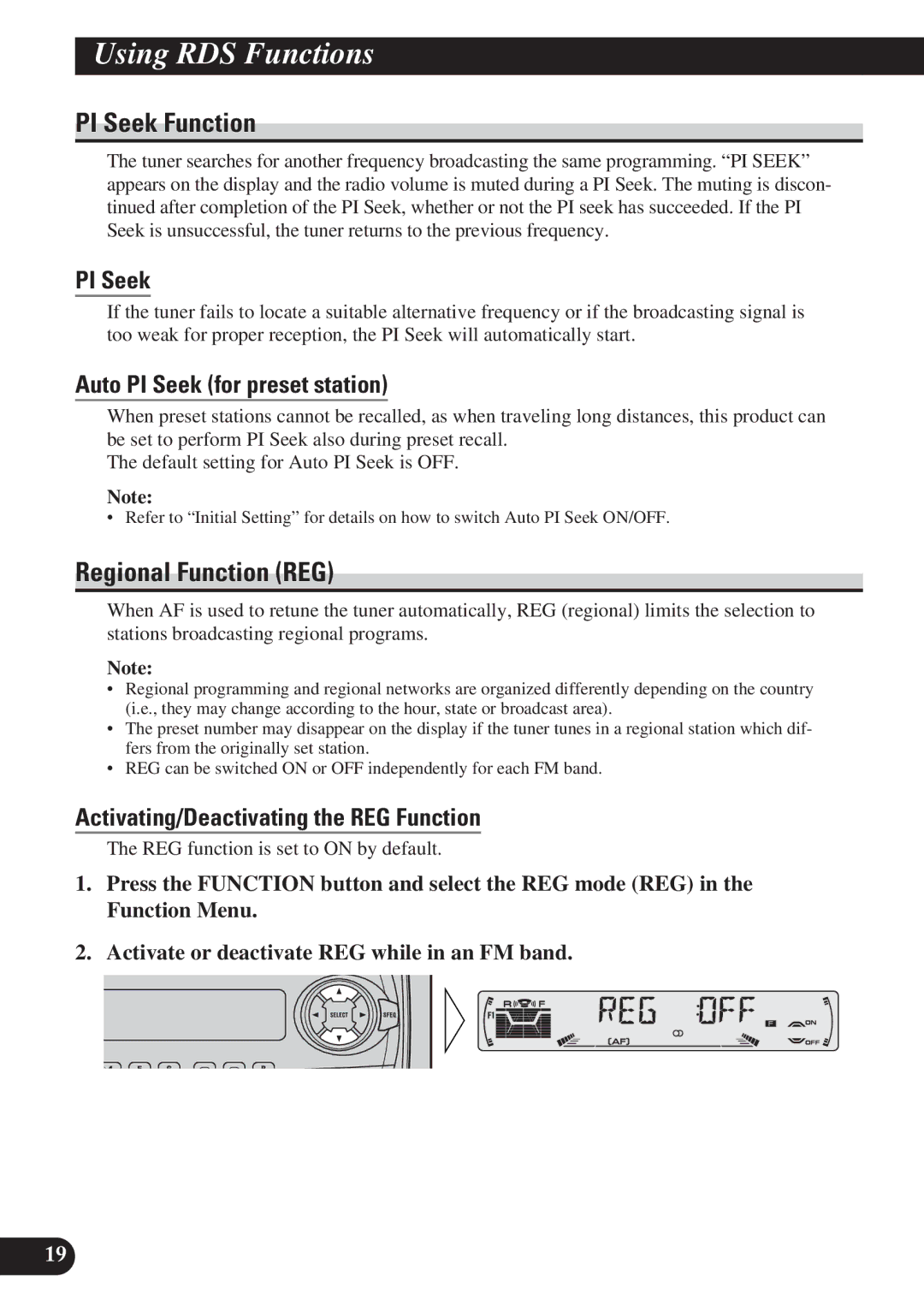 Pioneer KEH-P6011R operation manual PI Seek Function, Regional Function REG, Auto PI Seek for preset station 