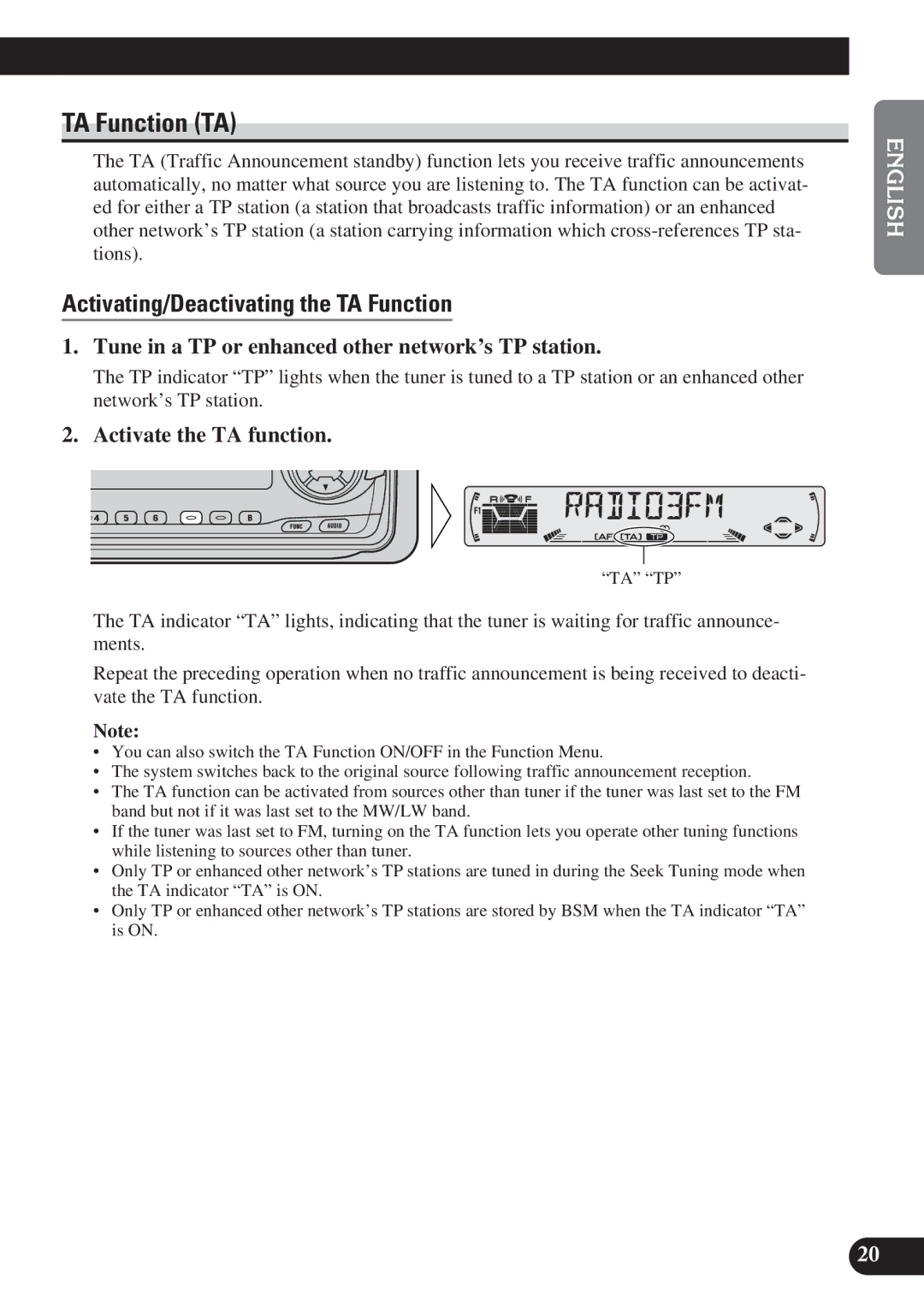 Pioneer KEH-P6011R operation manual TA Function TA, Activating/Deactivating the TA Function, Activate the TA function 