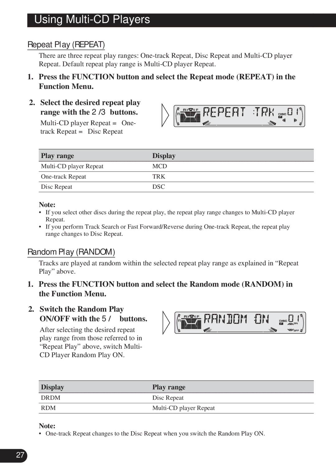 Pioneer KEH-P6011R operation manual Using Multi-CD Players, Random Play Random, Play range Display, Display Play range 