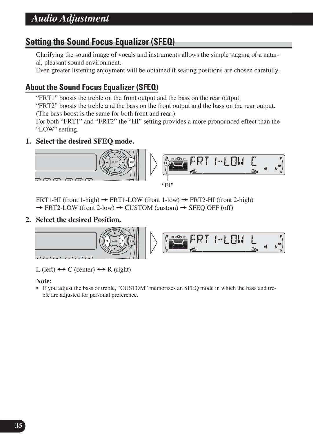 Pioneer KEH-P6011R Audio Adjustment, Setting the Sound Focus Equalizer Sfeq, About the Sound Focus Equalizer Sfeq 