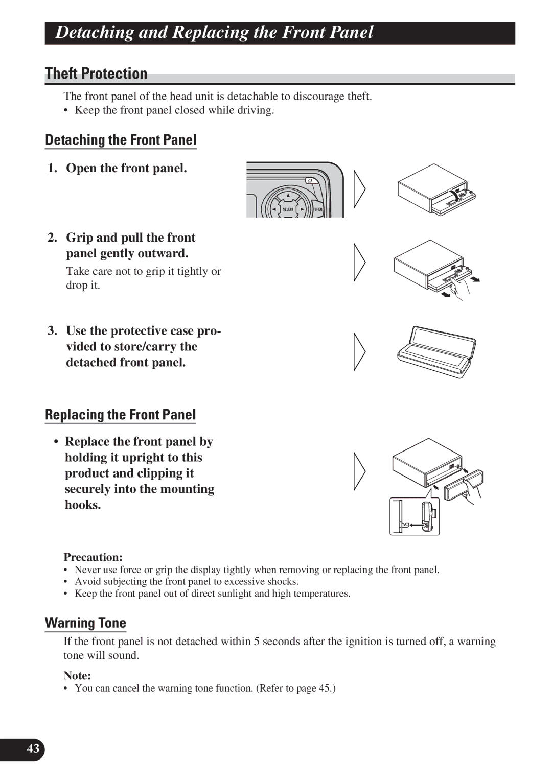 Pioneer KEH-P6011R Detaching and Replacing the Front Panel, Theft Protection, Detaching the Front Panel, Precaution 