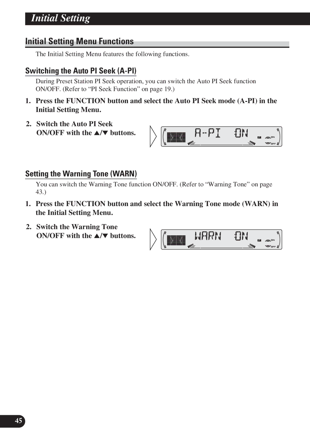 Pioneer KEH-P6011R Initial Setting Menu Functions, Switching the Auto PI Seek A-PI, Setting the Warning Tone Warn 