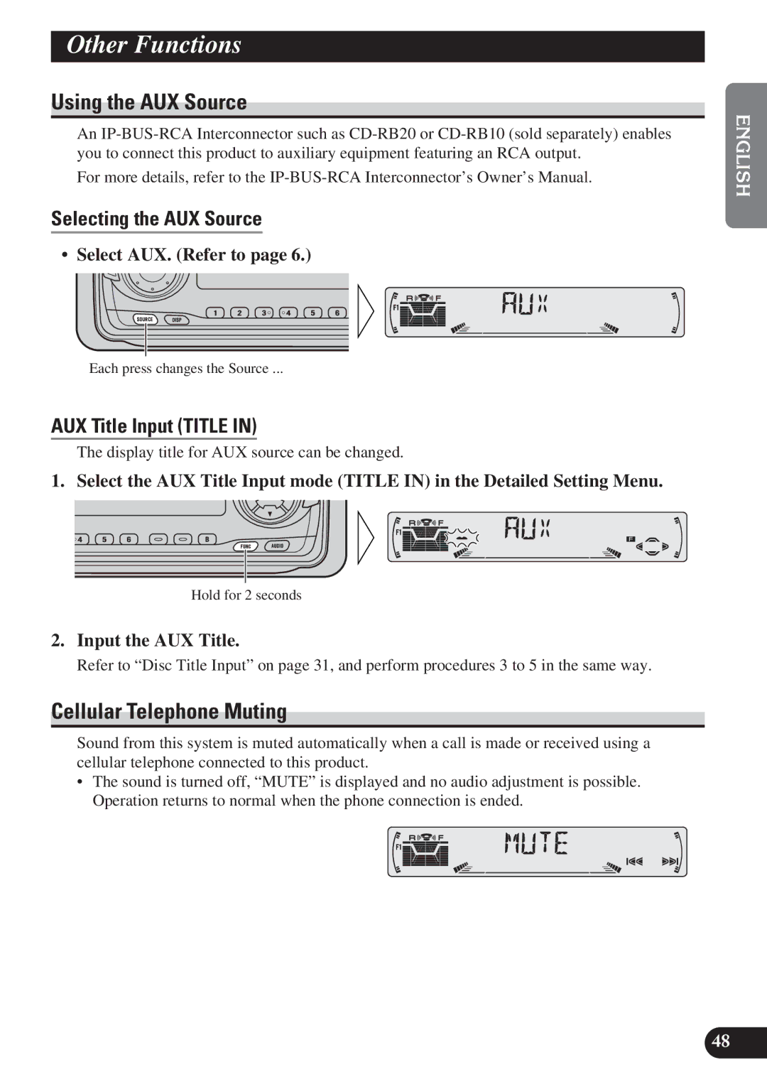 Pioneer KEH-P6011R Other Functions, Using the AUX Source, Cellular Telephone Muting, Selecting the AUX Source 