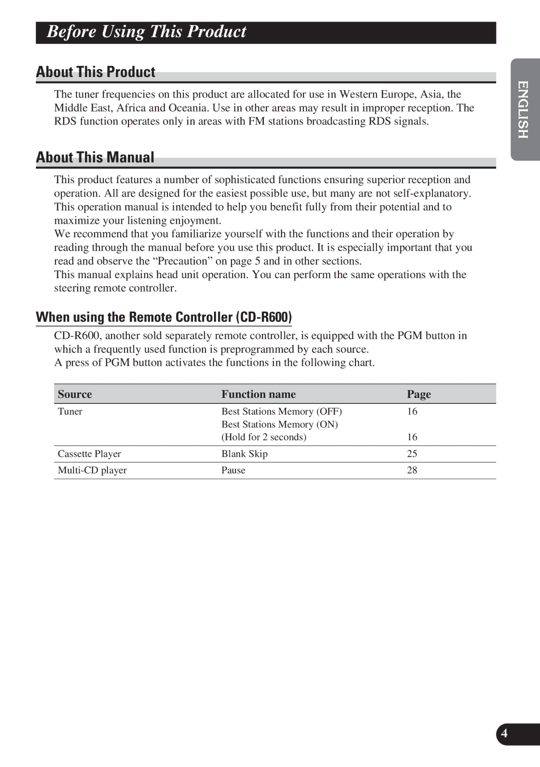 Pioneer KEH-P6011R operation manual Before Using This Product, About This Product, About This Manual, Source Function name 