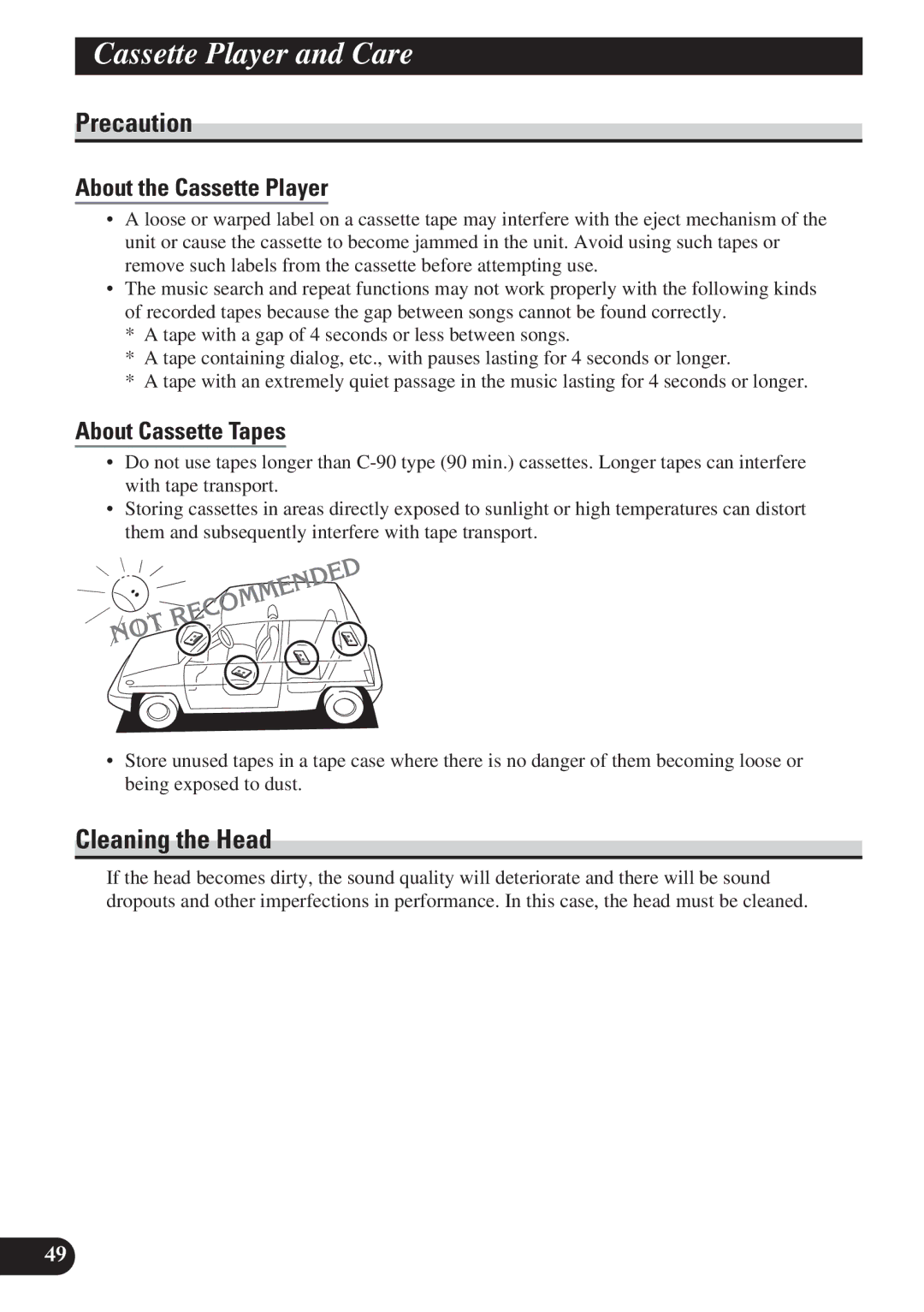 Pioneer KEH-P6011R Cassette Player and Care, Cleaning the Head, About the Cassette Player, About Cassette Tapes 