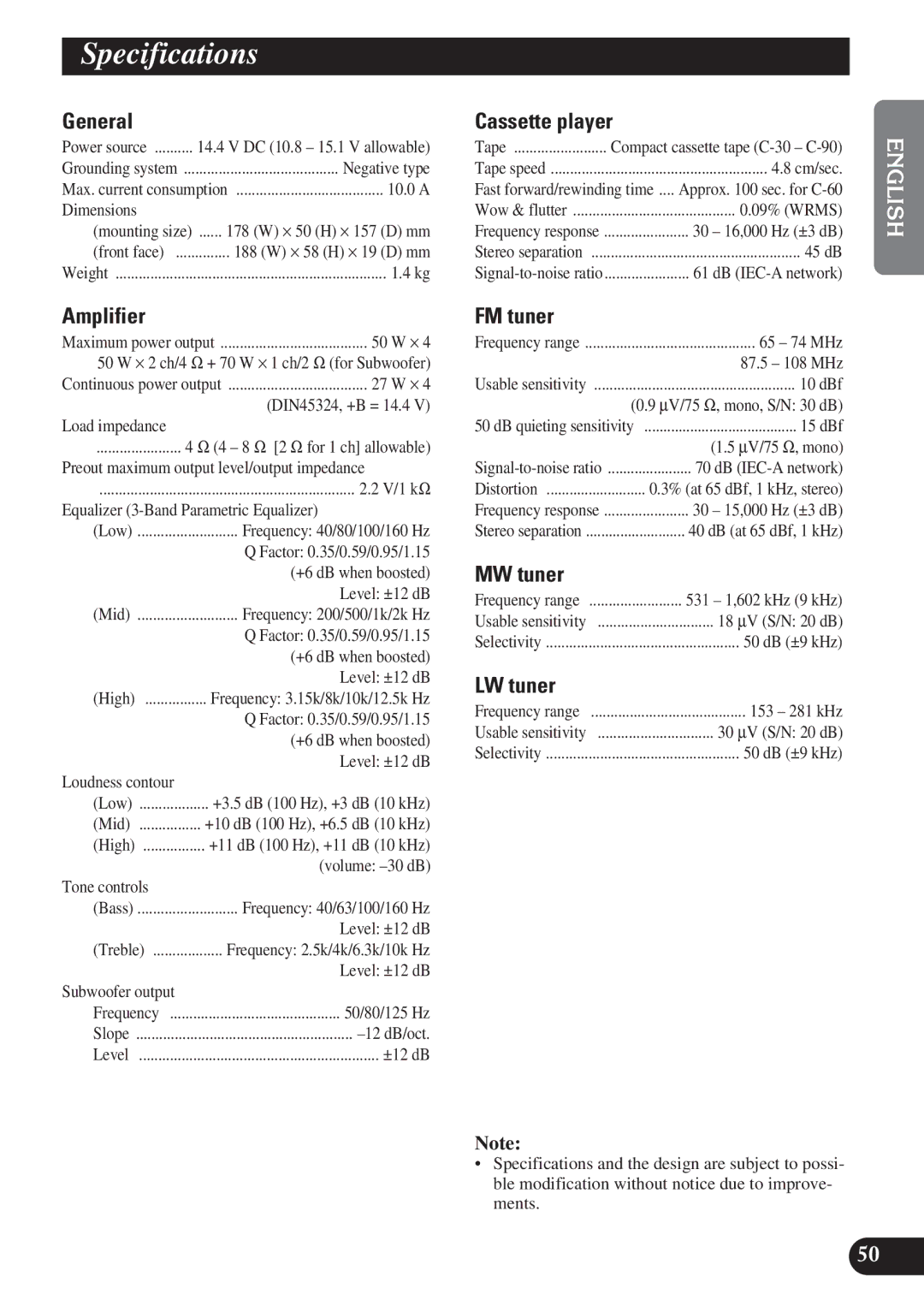 Pioneer KEH-P6011R operation manual Specifications 