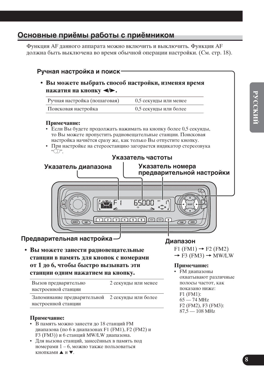 Pioneer KEH-P6011R operation manual Оñíîâíûå ïðèёìû ðàáîòû ñ ïðèёìíèêîì, Рó÷íàя íàñòðîéêà è ïîèñê, Уêàçàòåëü ÷àñòîòû 