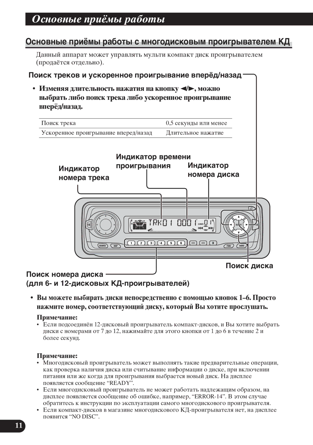 Pioneer KEH-P6011R operation manual Оñíîâíûå ïðèёìû ðàáîòû ñ ìíîãîäèñêîâûì ïðîèãðûâàòåëåì КД 