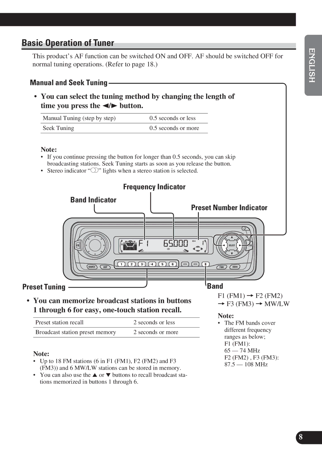 Pioneer KEH-P6011R operation manual Basic Operation of Tuner, Manual and Seek Tuning, Preset Tuning, Band 