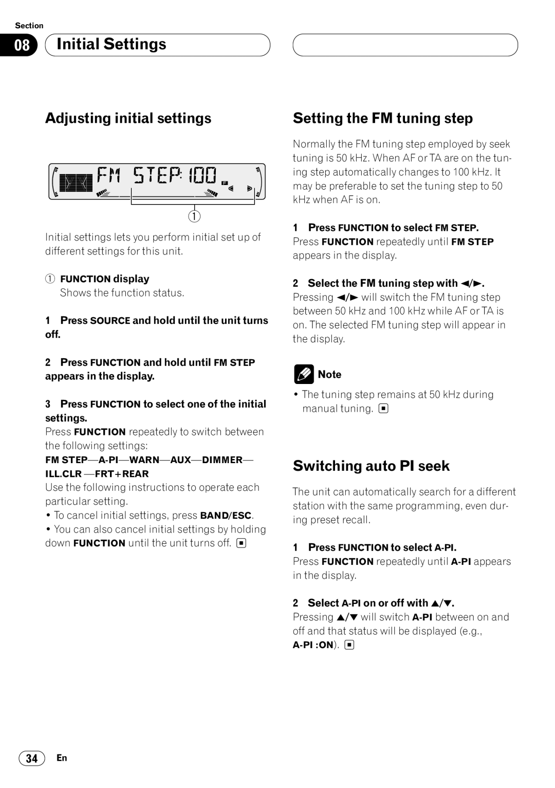 Pioneer KEH-P6020R Initial Settings, Adjusting initial settings, Switching auto PI seek, Setting the FM tuning step 