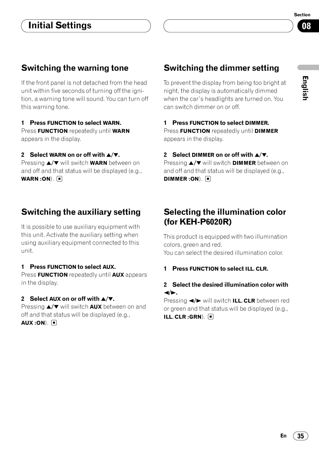 Pioneer KEH-P6020RB Switching the warning tone, Switching the auxiliary setting, Switching the dimmer setting 