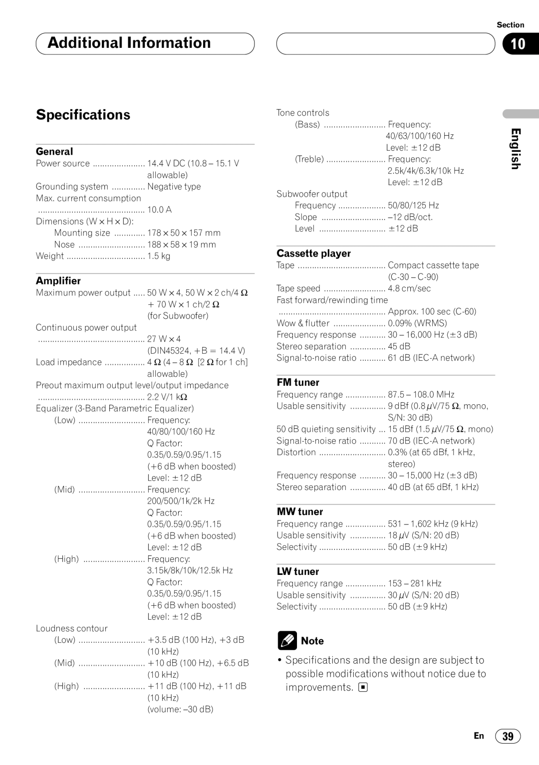 Pioneer KEH-P6020RB operation manual Specifications 