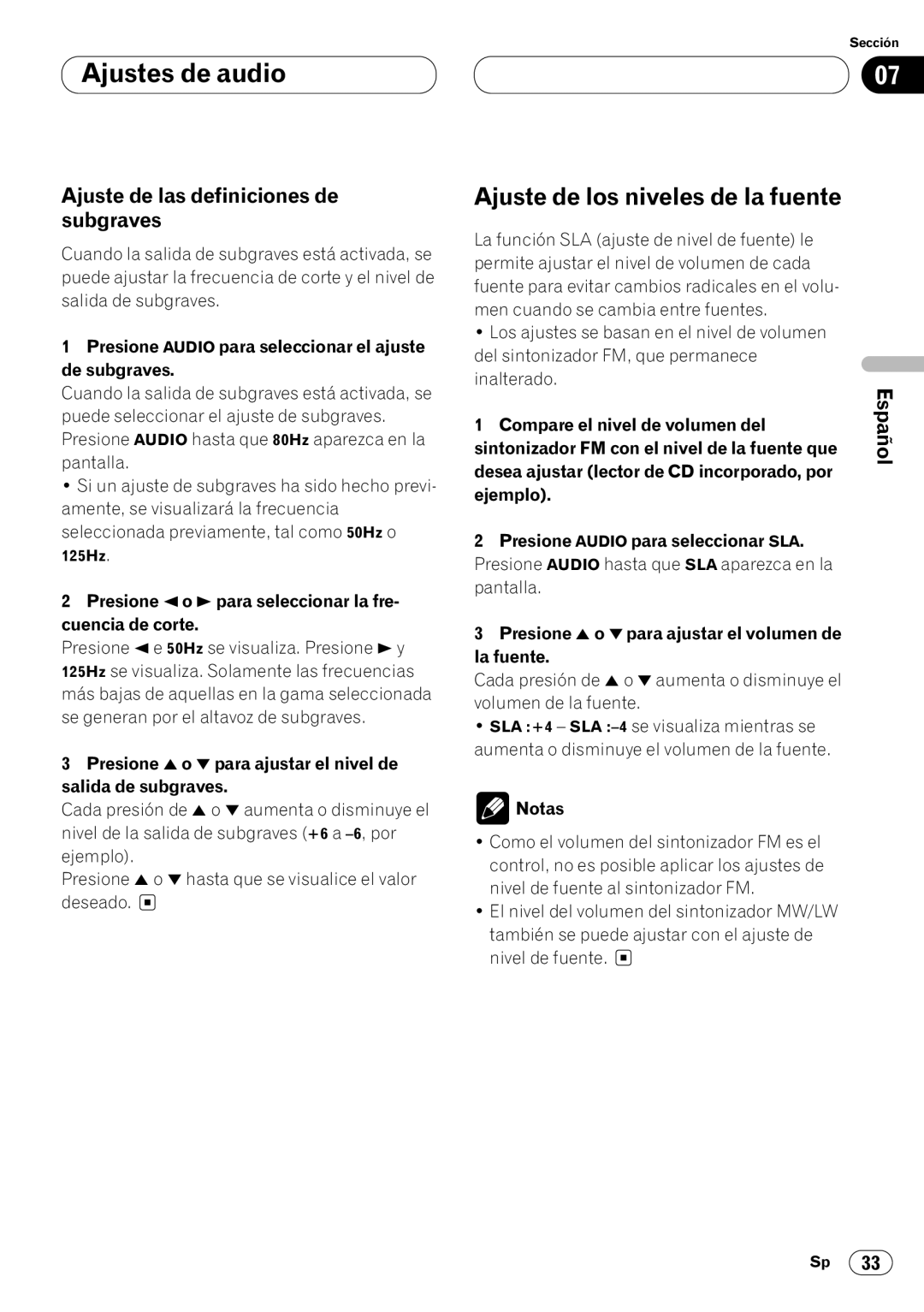 Pioneer KEH-P6020RB operation manual Ajuste de los niveles de la fuente, Ajuste de las definiciones de subgraves 