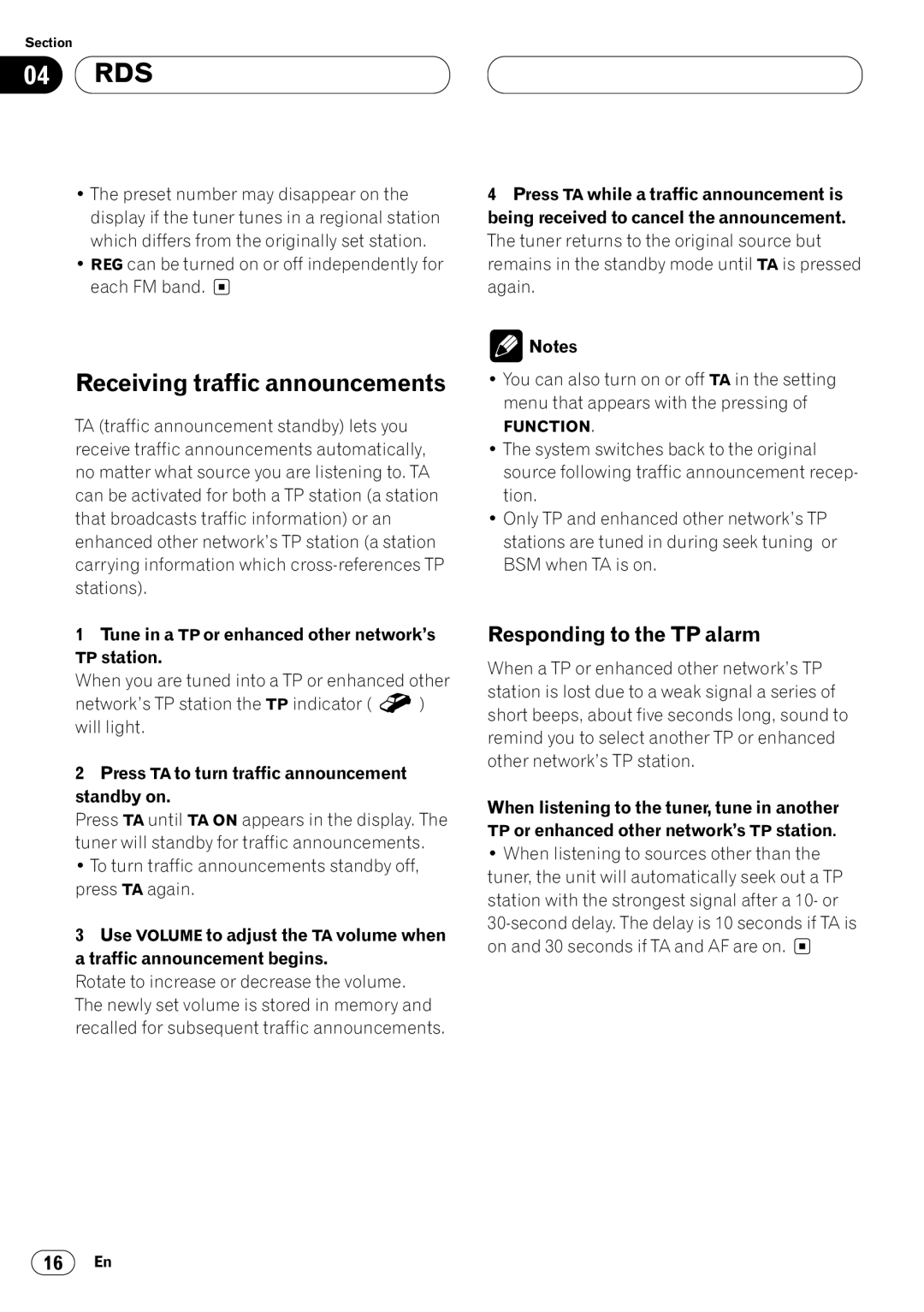 Pioneer KEH-P7020R operation manual Receiving traffic announcements, Responding to the TP alarm 