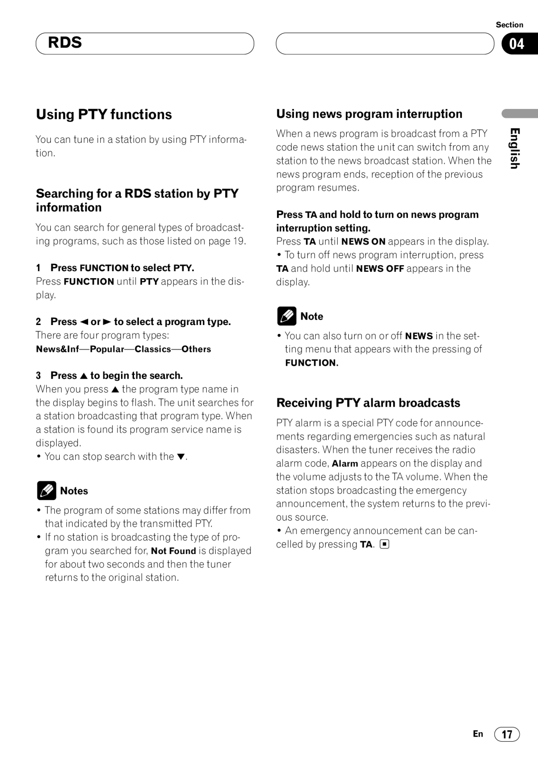 Pioneer KEH-P7020R Using PTY functions, Searching for a RDS station by PTY information, Using news program interruption 