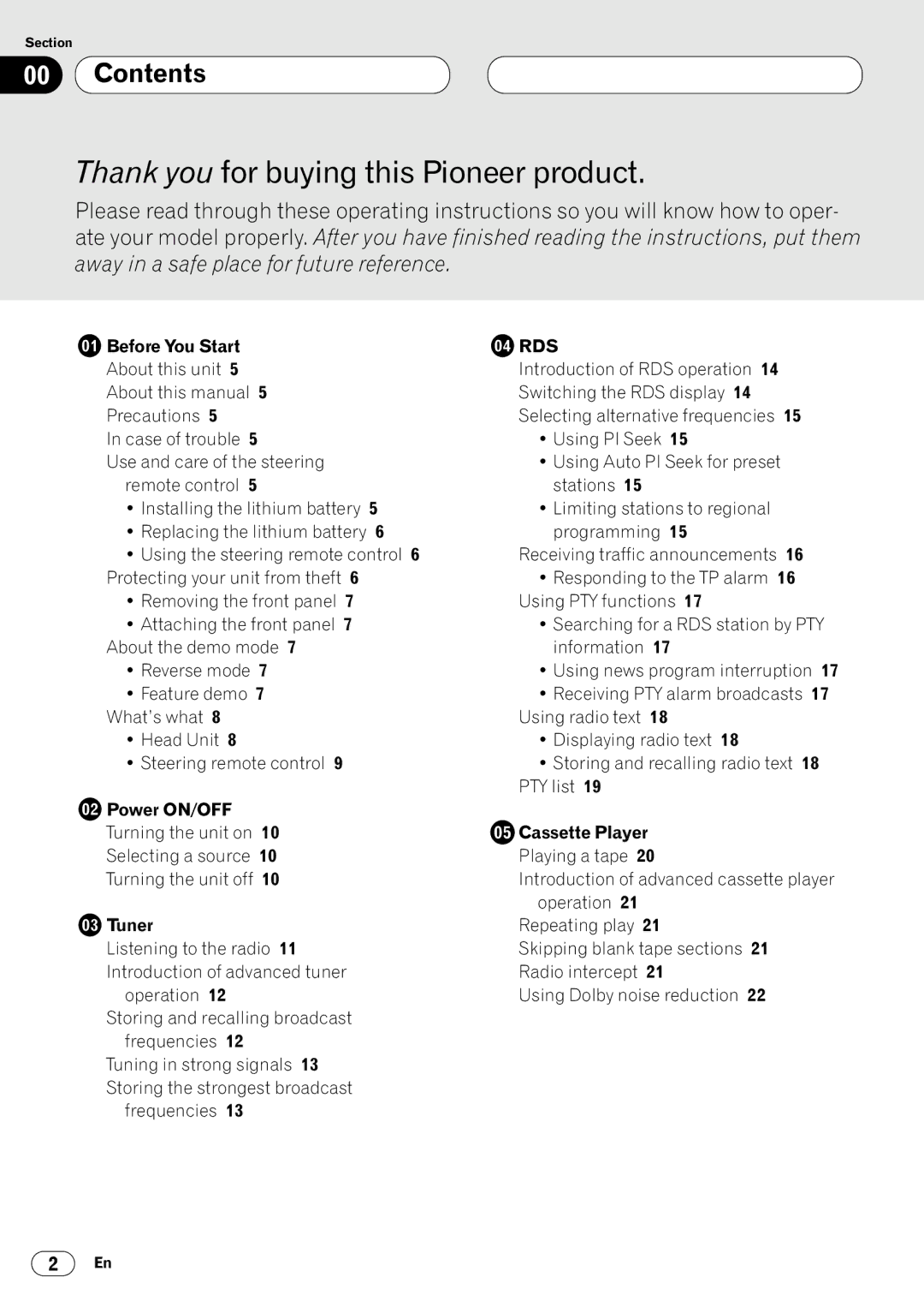 Pioneer KEH-P7020R operation manual Contents, Before You Start, Power ON/OFF, Tuner, Cassette Player 