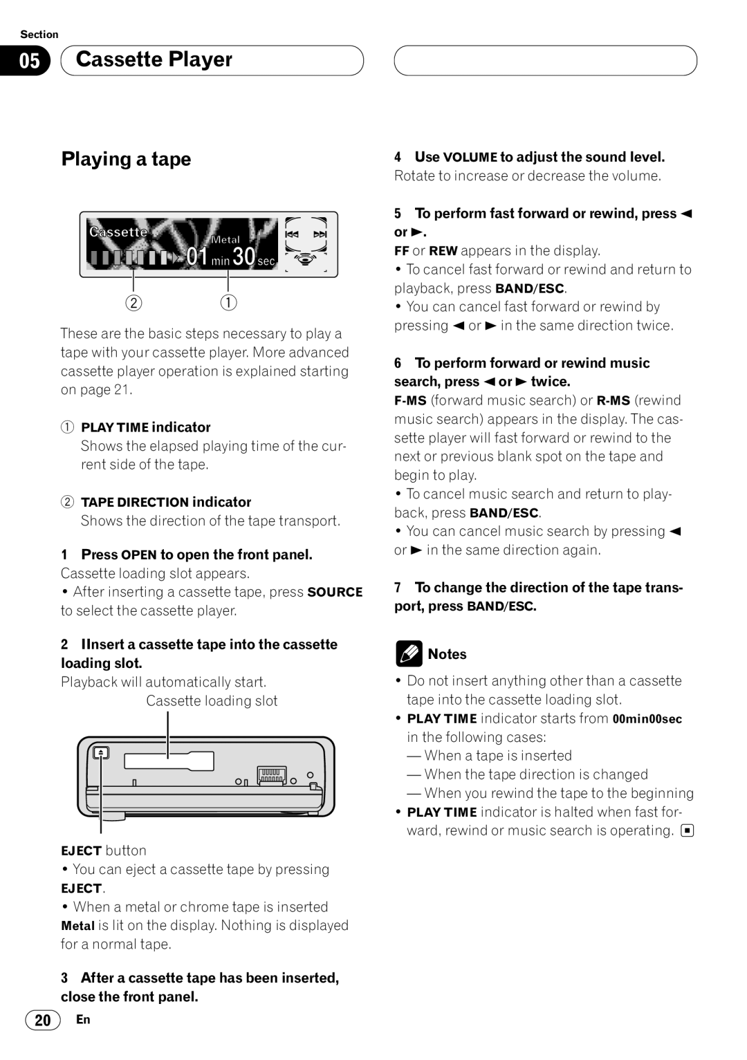 Pioneer KEH-P7020R operation manual Cassette Player, Playing a tape, IInsert a cassette tape into the cassette loading slot 