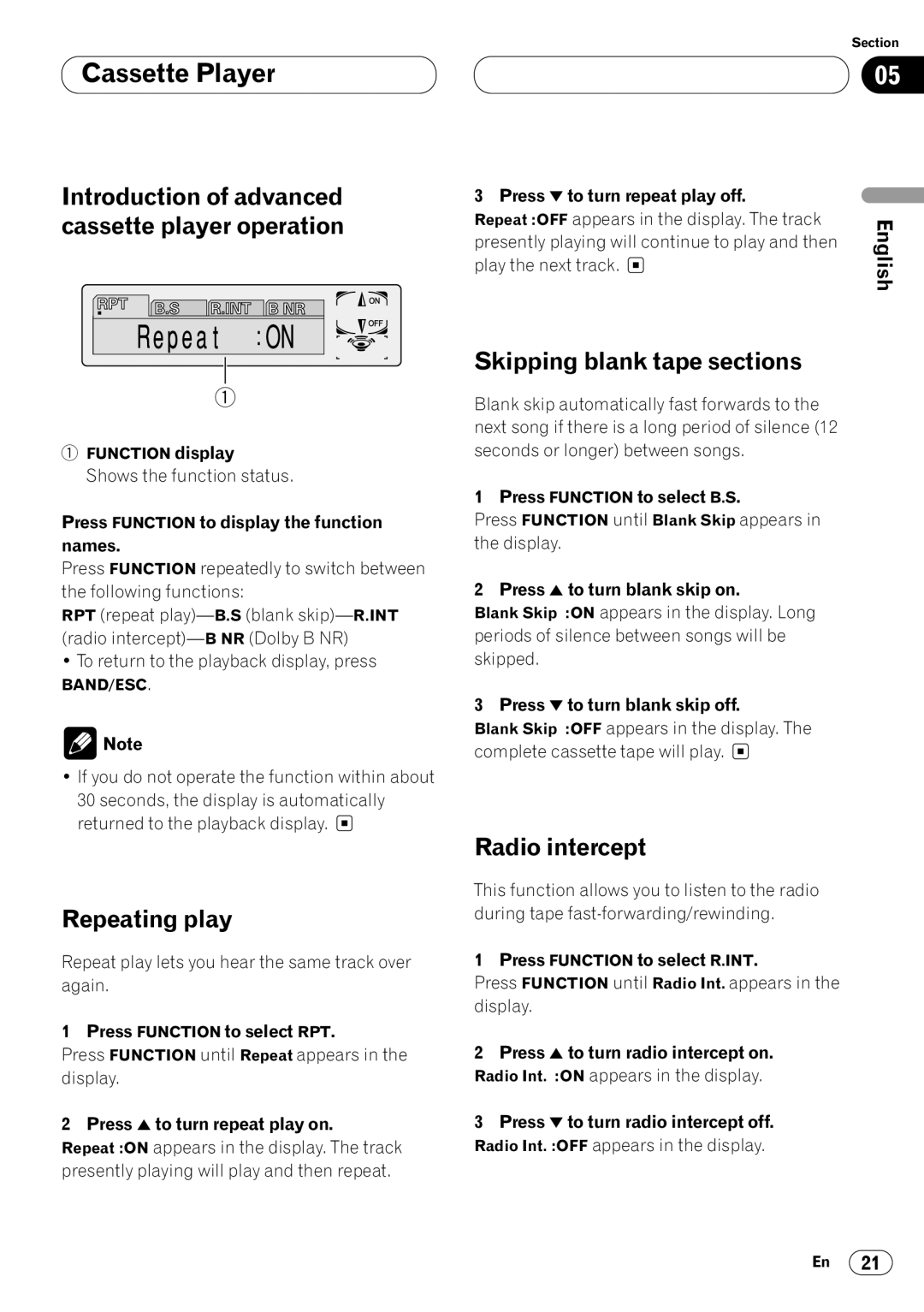 Pioneer KEH-P7020R operation manual Repeating play, Skipping blank tape sections, Radio intercept 