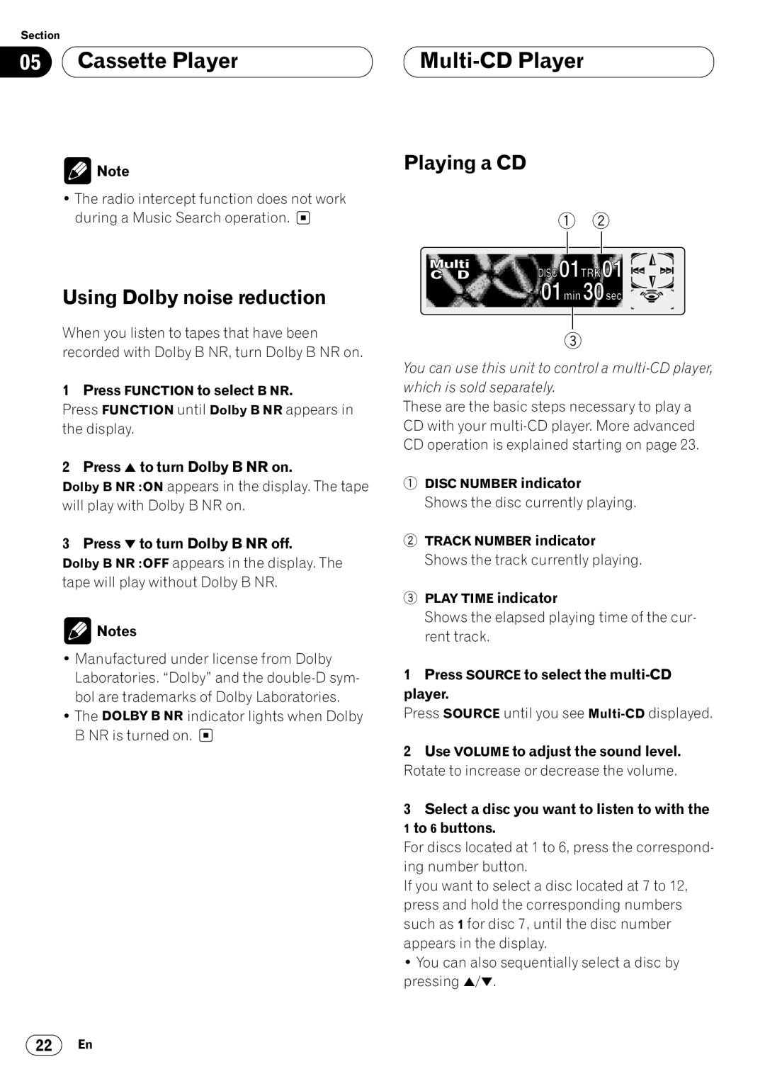 Pioneer KEH-P7020R operation manual Multi-CD Player, Using Dolby noise reduction, Playing a CD 